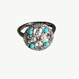 NEW 18K White Gold Plated Faux Pearl Cross Turquoise Stone Flower Ring Size 6.75